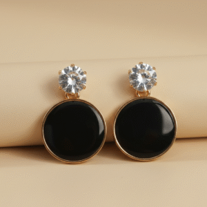 classic black round drop earrings for women – gold plated elegant statement studs with crystal top