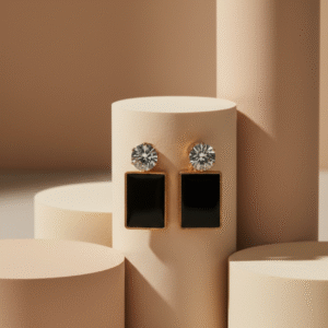 elegant black rectangle drop earrings for women – gold plated statement studs with sparkling crystal top