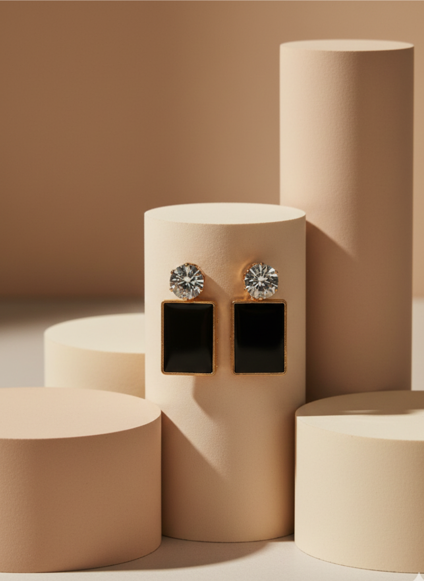 elegant black rectangle drop earrings for women – gold plated statement studs with sparkling crystal top elegant black rectangle drop earrings for women – gold plated statement studs with sparkling crystal top