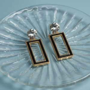stylish black open rectangle drop earrings for women – gold plated geometric crystal studs