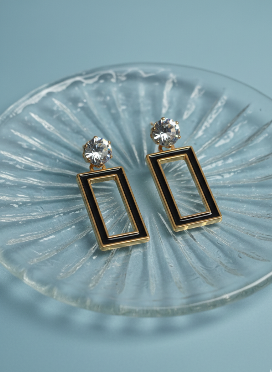 stylish black open rectangle drop earrings for women – gold plated geometric crystal studs stylish black open rectangle drop earrings for women – gold plated geometric crystal studs
