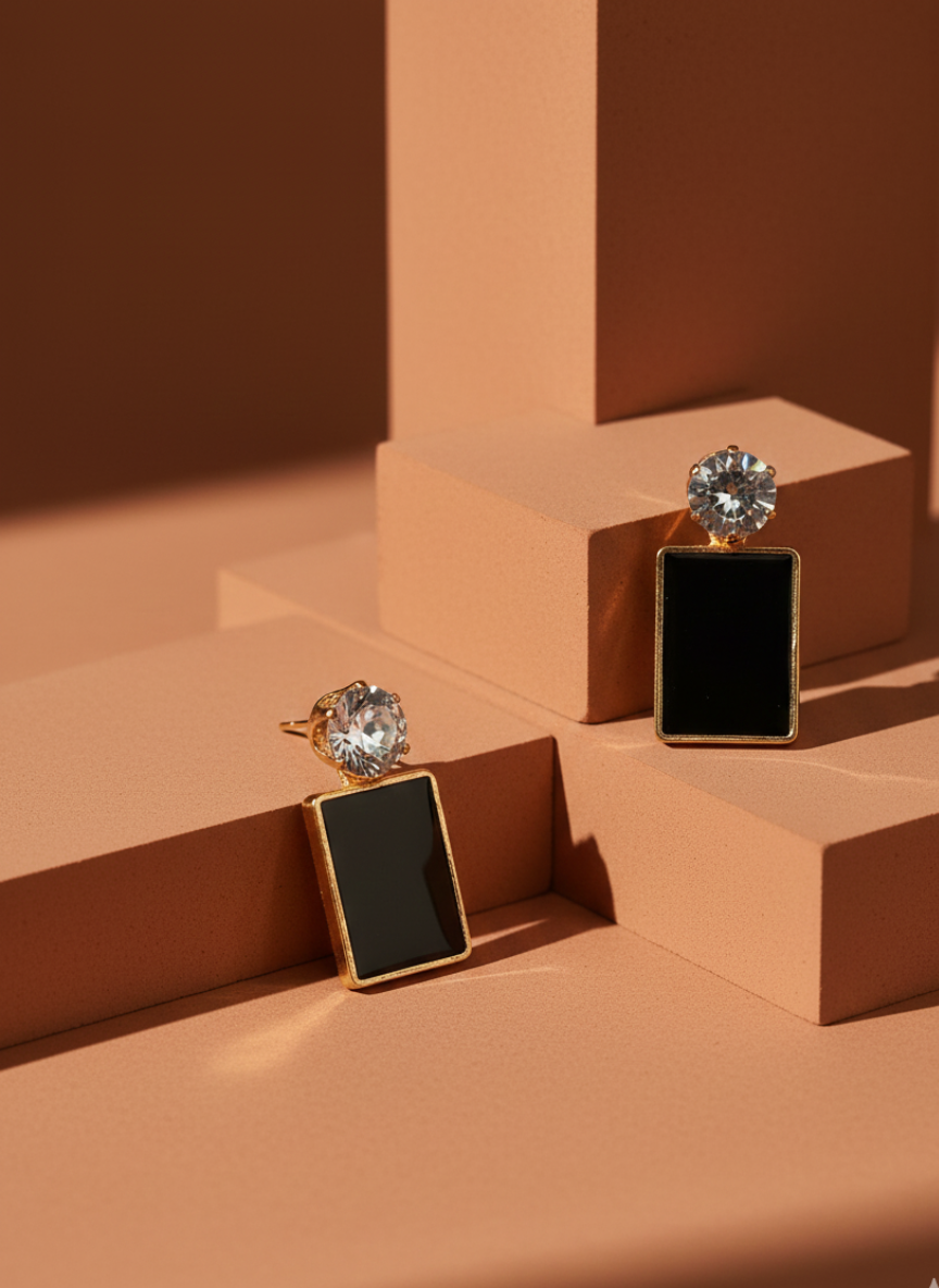 elegant black rectangle drop earrings for women – gold plated statement studs with sparkling crystal top elegant black rectangle drop earrings for women – gold plated statement studs with sparkling crystal top