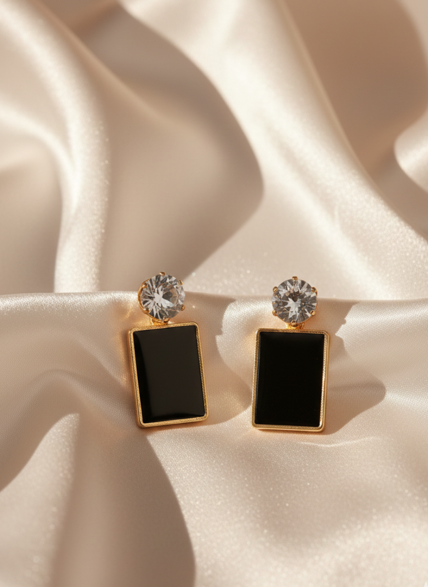 elegant black rectangle drop earrings for women – gold plated statement studs with sparkling crystal top elegant black rectangle drop earrings for women – gold plated statement studs with sparkling crystal top