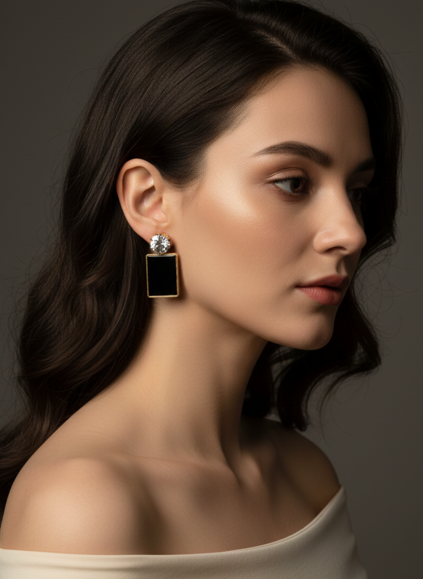 elegant black rectangle drop earrings for women – gold plated statement studs with sparkling crystal top elegant black rectangle drop earrings for women – gold plated statement studs with sparkling crystal top