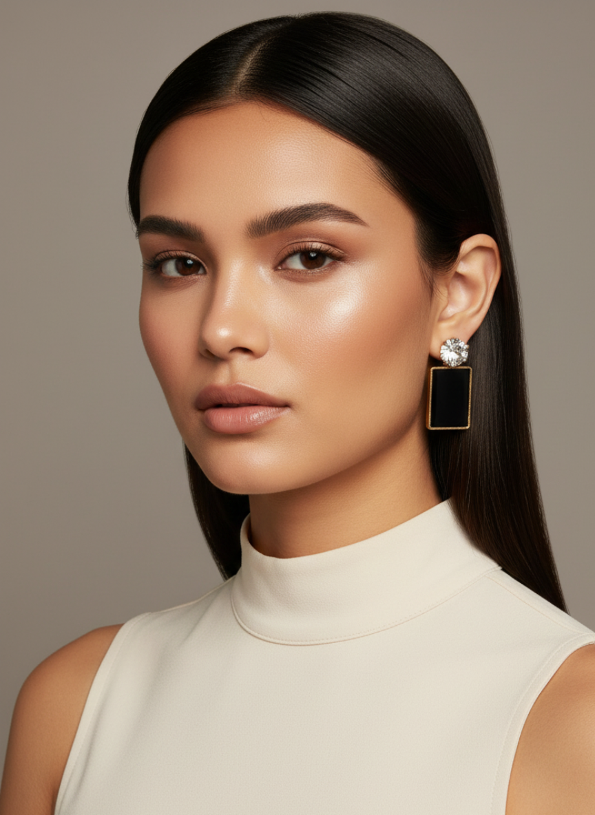 elegant black rectangle drop earrings for women – gold plated statement studs with sparkling crystal top elegant black rectangle drop earrings for women – gold plated statement studs with sparkling crystal top