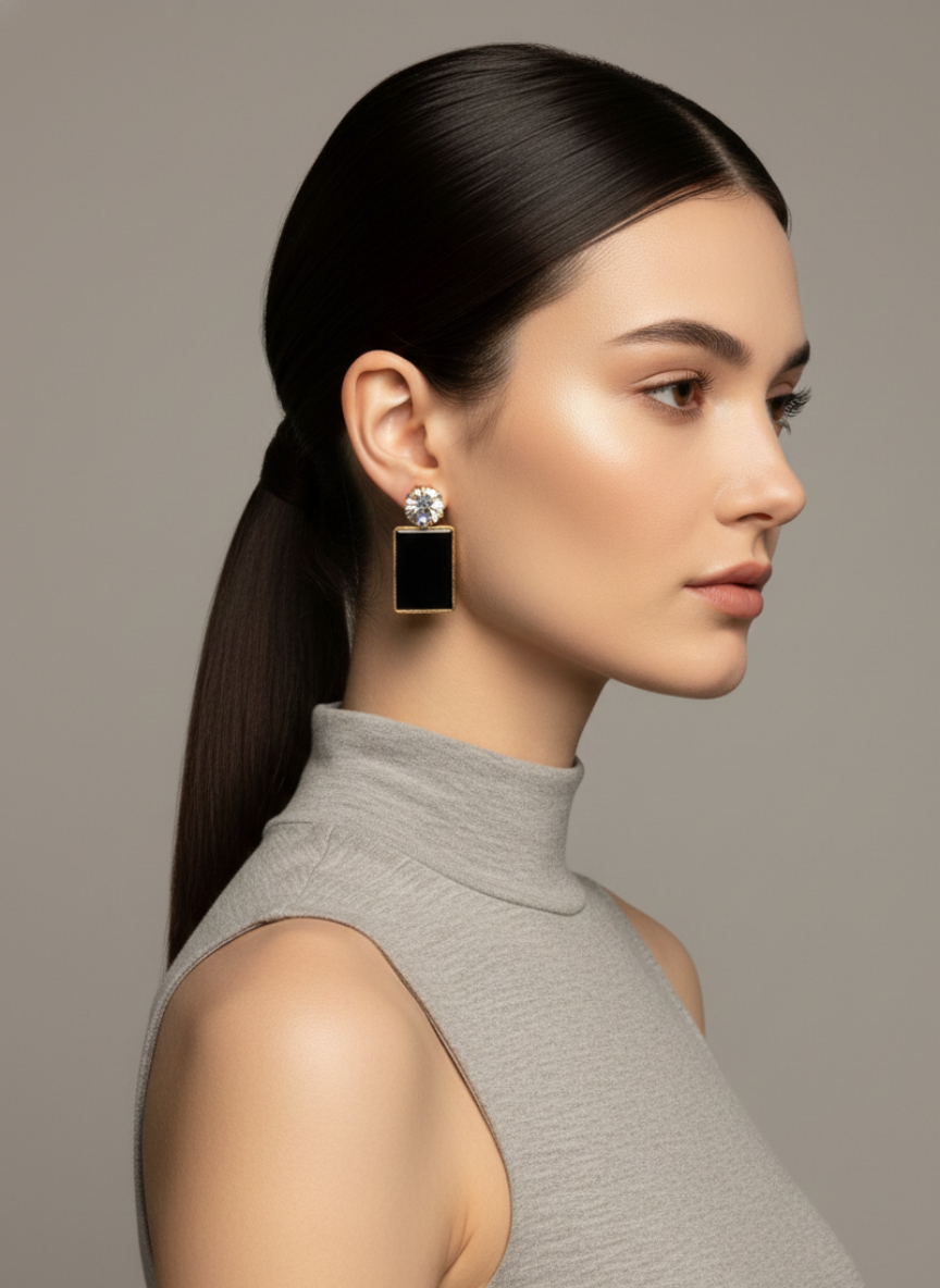 elegant black rectangle drop earrings for women – gold plated statement studs with sparkling crystal top elegant black rectangle drop earrings for women – gold plated statement studs with sparkling crystal top