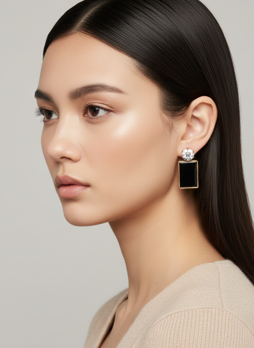 elegant black rectangle drop earrings for women – gold plated statement studs with sparkling crystal top elegant black rectangle drop earrings for women – gold plated statement studs with sparkling crystal top